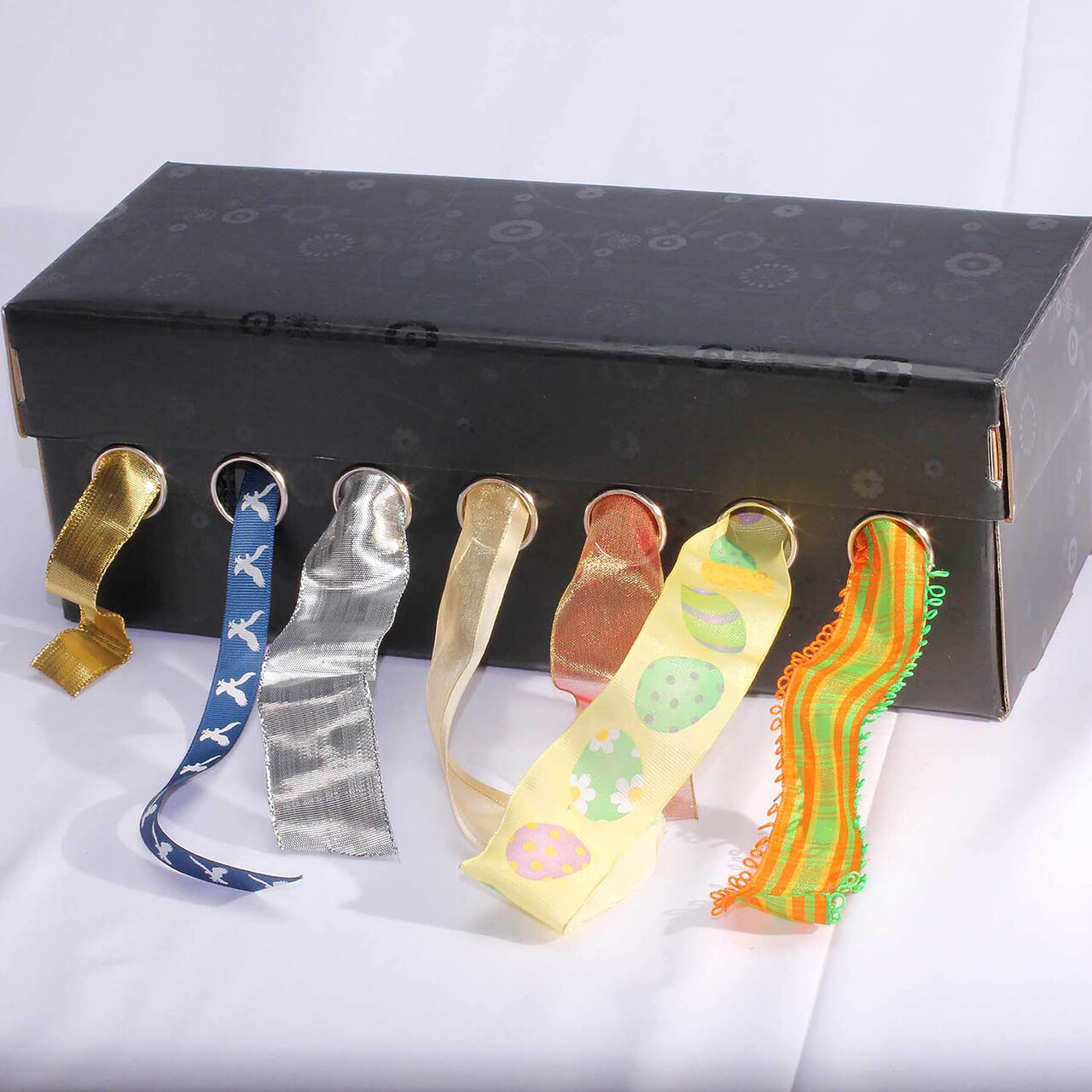 The Ribbon People Pack of 4 Black Floral Designed Craft Ribbon Dispensing Storage Boxes 13"